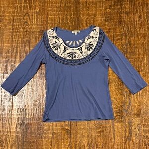 Vintage Suzie Blue Embellished Medallion Top Rhinestone Graphic 3/4 Sleeve